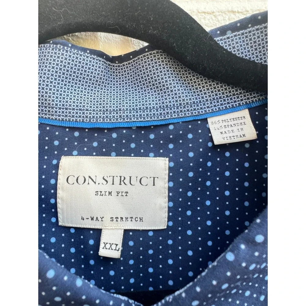 CON.STRUCT Navy Short Sleeve Button Down Shirt XXL Travel Stretch Slim Fit Dot - Picture 2 of 5